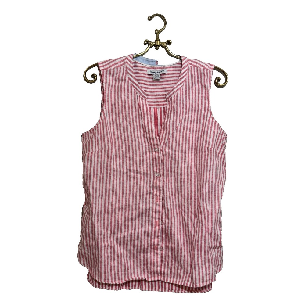 Tommy Bahama Women Medium Tunic Top Linen Button Up Shirt Pink Sleeveless Stripe